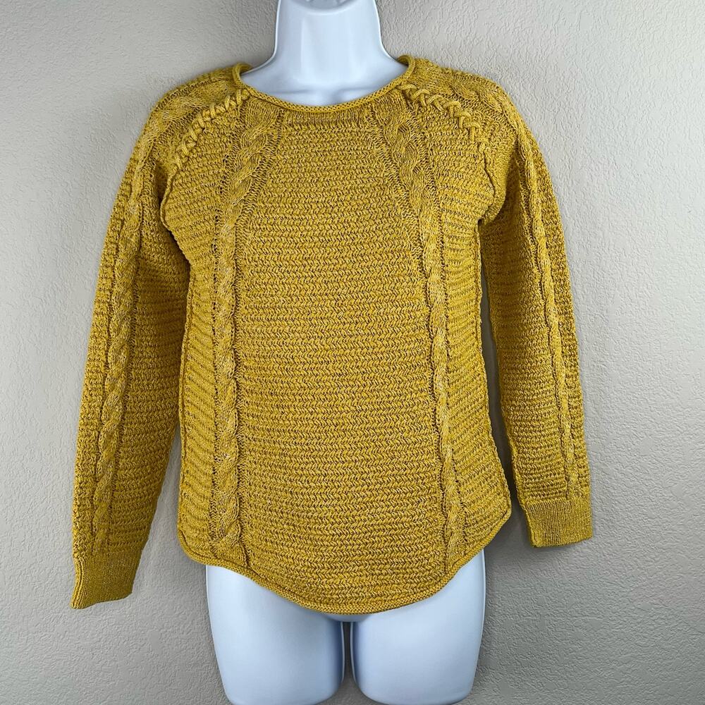 Comptoir Des Cotonniers Mustard Yellow Metallic Silver Cable Knit Sweater Small